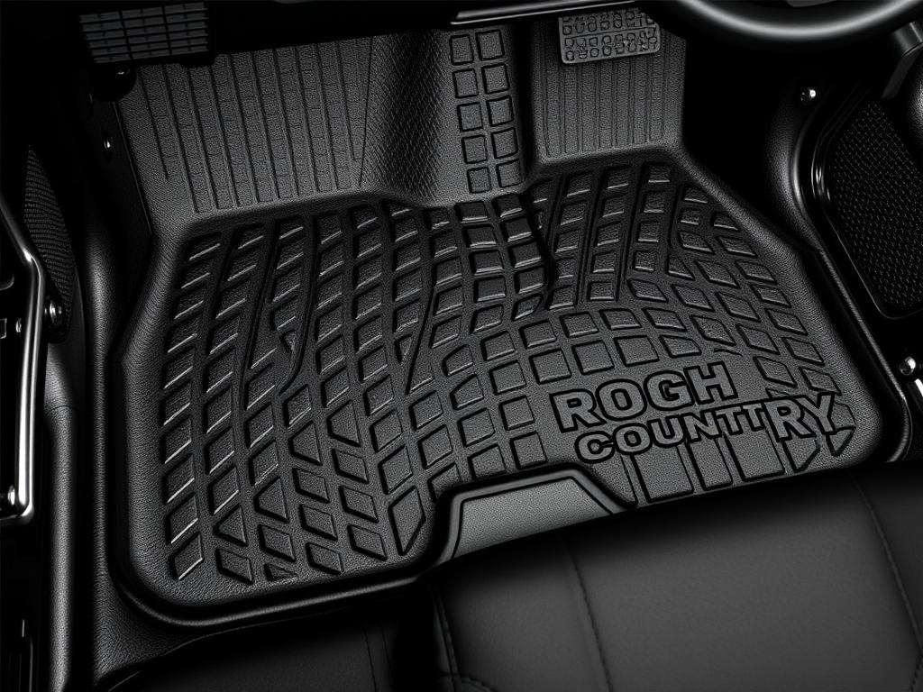 Rough Country Floor Mats for Jeep Wrangler Unlimited 2023 showing rugged design Rough Country Floor Mats for Jeep Wrangler Unlimited 2023 showing rugged design