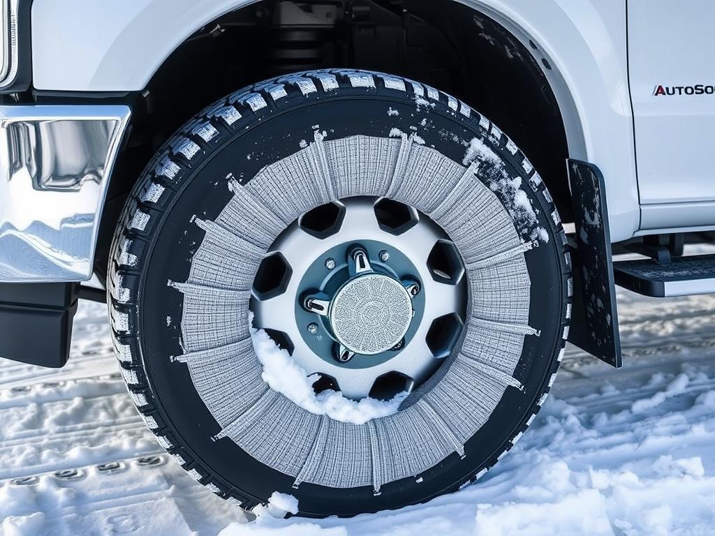 AutoSock Snow Socks installed on a truck tire