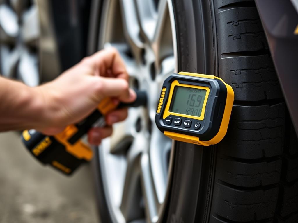 DeWalt 20V MAX Tire Inflator being used to inflate a car tire