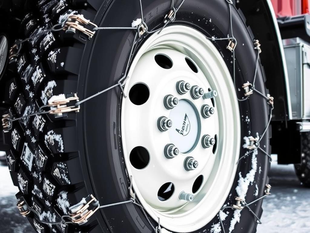 Peerless Auto-Trac Tire Chains installed on a truck tire in snowy conditions