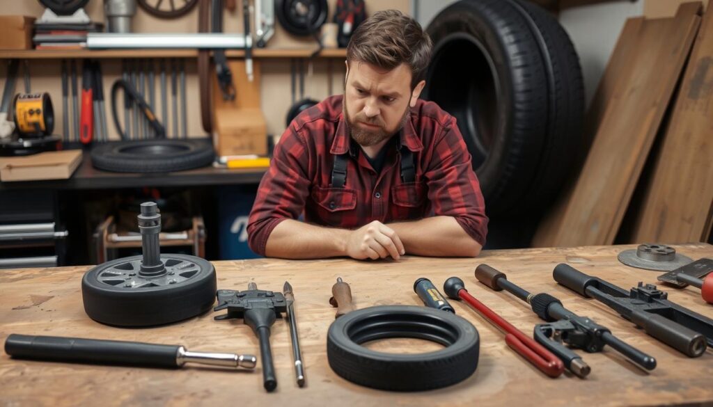 Person evaluating tire changing tools in workshop