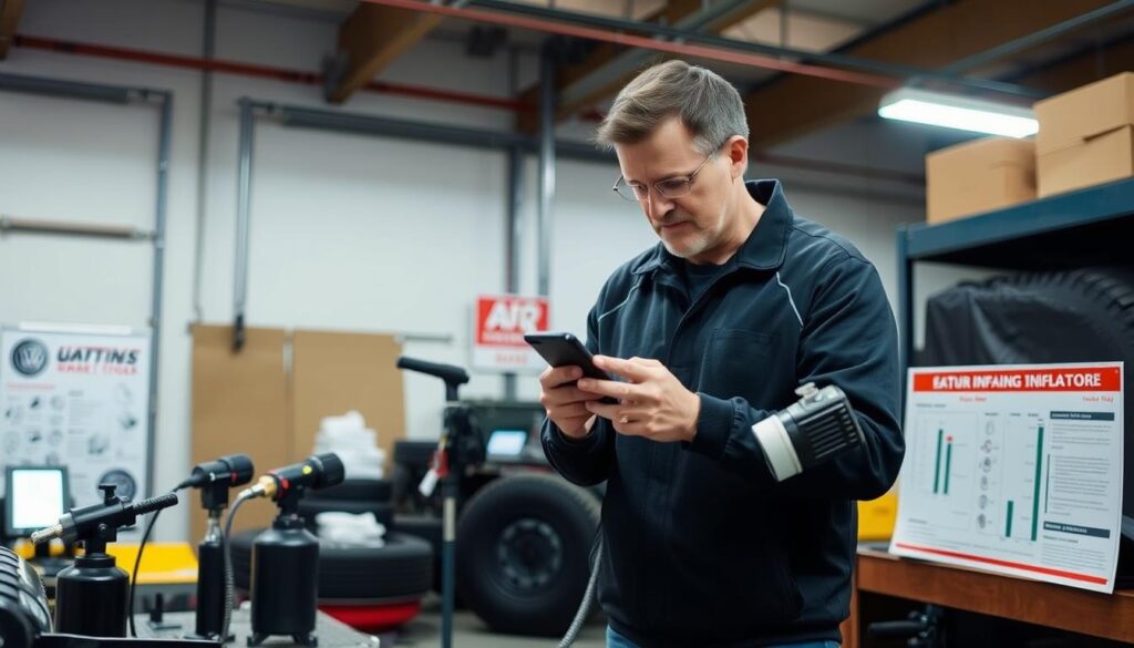 Person examining different tire inflator features in a workshop