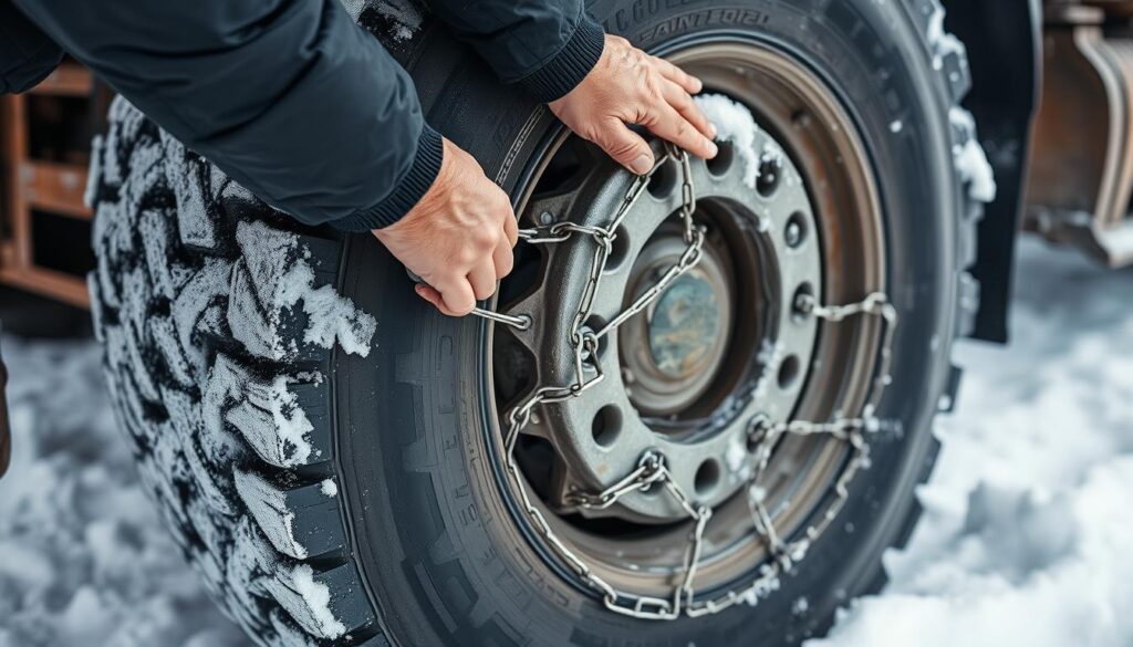 Person installing tire chains on a truck in snowy conditions