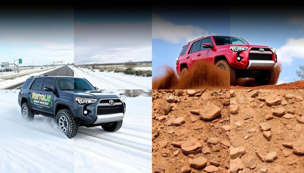 Toyota 4Runner on different terrains showing tire performance
