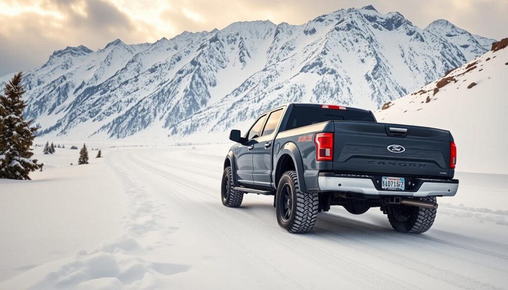 Truck driving through snowy mountain road with tire chains installed