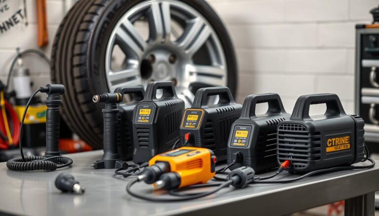 Various 120v tire inflators arranged on a workbench with a car tire